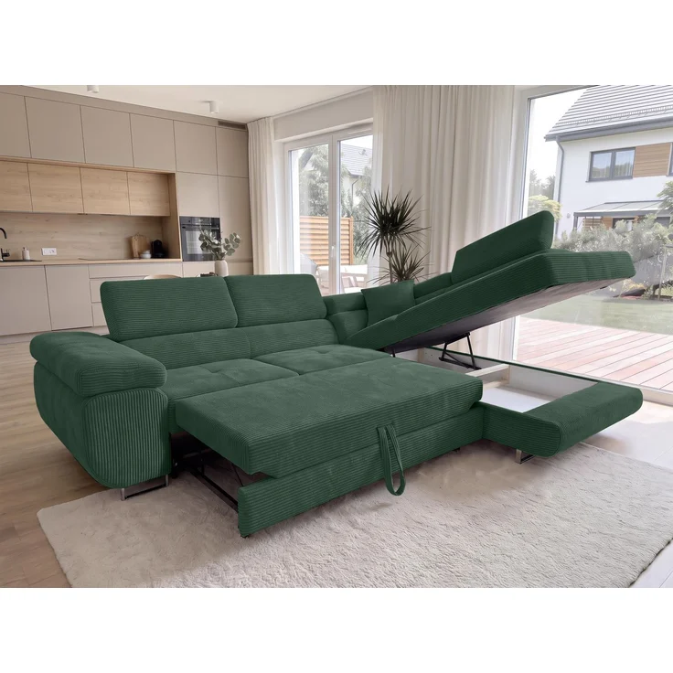 AX LIVING Konak Cord-Schlafsofa R Flaschengrün 276 cm, Bettkasten, Kopfstützen – Bild 3