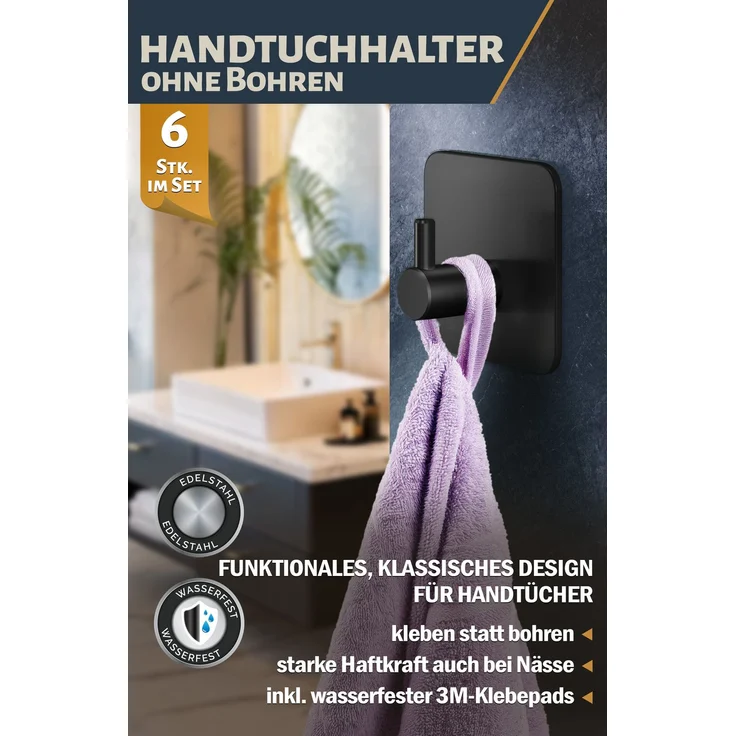 Lindenstein Handtuchhaken 6er-Set Schwarz – Edelstahl V2A, selbstklebend mit 3M-Pads – Bild 2