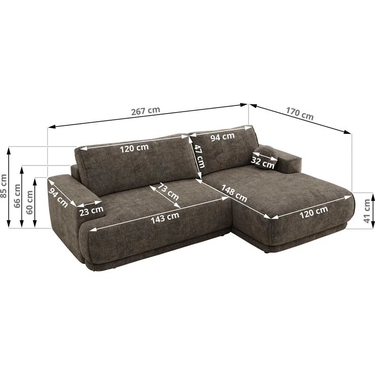 RINA L Design Ecksofa, Schlaffunktion & Stauraum, DL-System, Wellenfedern, Liegefläche 220x155 cm, freistehendes Polstersofa, Schlafcouch - Braun Schenille grob gewebt - Links Seite – Bild 6