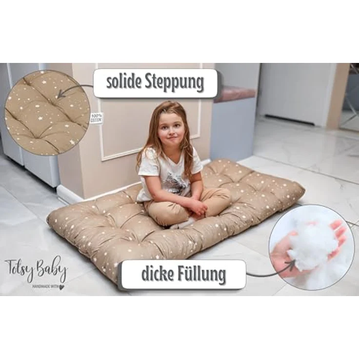 Krabbeldecke für Baby Kissen für Kletterbogen 60x120 cm - Bodenkissen Kinder Matte für Montessori Spielbogen Wippe Kletter Bogen Polster Spieldecke für Kinderzimmer Beige mit Weiß Sternen – Bild 5