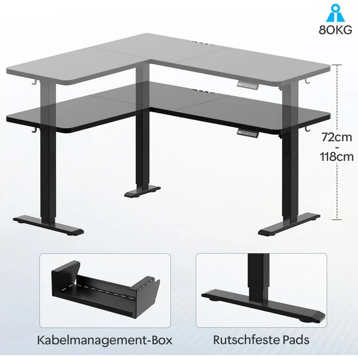 HOMALL Schreibtisch 20 mm starker EckSchreibtisch, L-förm höhenverstellbarer Schreibtisch (Maße: 160 × 140 / 190 × 155, 20 mm dicke Tischplatte, Tragkraft bis zu 100 kg, mit beweglicher Steckdose, in 3 Stufen höhenverstellbar) – Bild 4