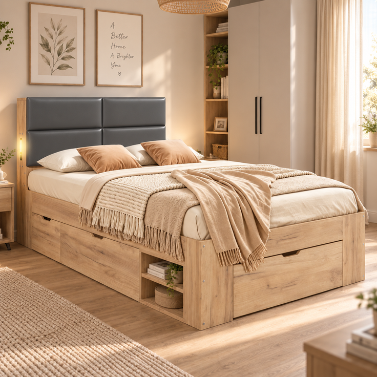 Stauraumbett mit Schubladen, Liegefläche 90×200 cm, Nachtlicht und USB, Natur, ohne Matratze – Bild 3