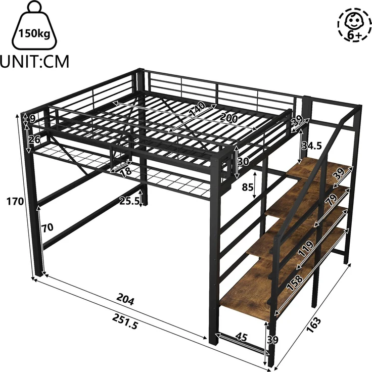 EINHOM Hochbett, 140 x 200 cm, Metallbett, Stufen-Ablageregal, Gitterelemente, Aufbewahrungskorb, Offener Stauraum unter dem Bett, mit LED-Lichtleiste, Schwarz (Ohne Matratze) – Bild 2