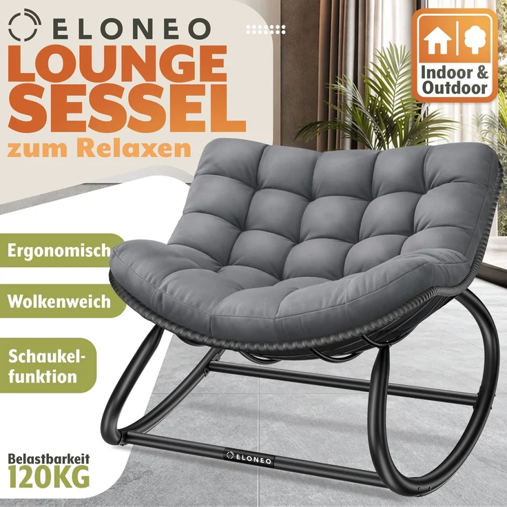 ELONEO Schaukelstuhl Outdoor XXL, ergonomischer Schaukelsessel mit Premium Sitzpolster für drinnen & draußen, Balkonsessel, wetterfester Loungesessel Outdoor, rutschfest, bis 120kg, Grau, ohne Hocker – Bild 2