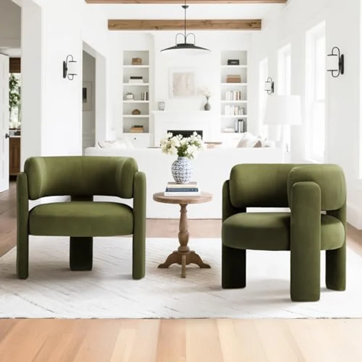 COLAMY Modern Velvet Ohrensessel 2er Set, Gepolsterter Sessel Wohnzimmer, Bequemer Runder loungesessel mit 3 Beinen für Wohnzimmer, Schlafzimmer, Leseecke, Grün – Bild 2