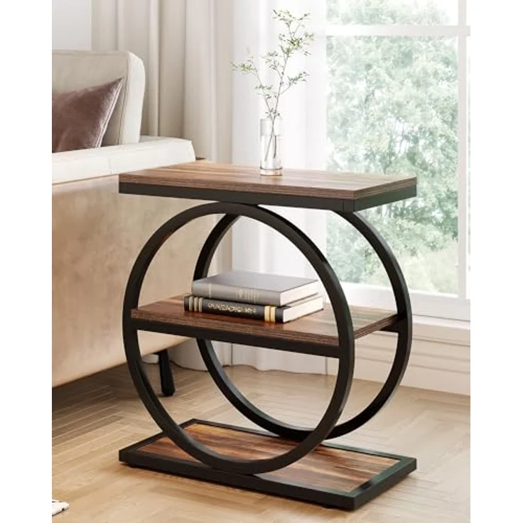 LITTLE TREE 3-stöckiger Beistelltisch, schmaler Sofa-Beistelltisch für Wohnzimmer, hoher Nachttisch, rustikales Braun und Schwarz – Bild 2
