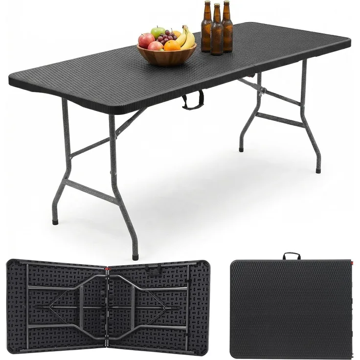 Sekey Buffettisch Tisch Klappbar Kunststoff 180 cm Campingtisch mit Tragegriff Partytisch Klapptisch Gartentisch für Garten Terrasse und Balkon, Schwarz Rattanoptik