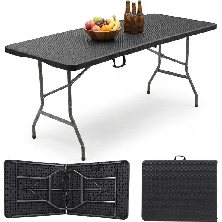 Sekey Buffettisch Tisch Klappbar Kunststoff 180 cm Campingtisch mit Tragegriff Partytisch Klapptisch Gartentisch für Garten Terrasse und Balkon, Schwarz Rattanoptik – Bild 1
