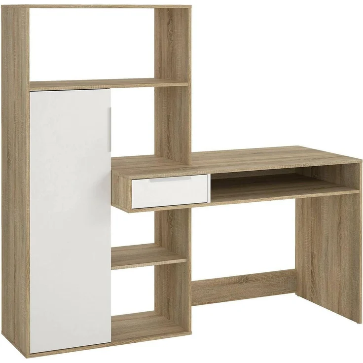 Dmora - Multifunktionsschreibtisch mit Bücherregal, Schublade und Tür, Farbe Weiß und Eiche, 162 x 155 x 60 cm – Bild 3