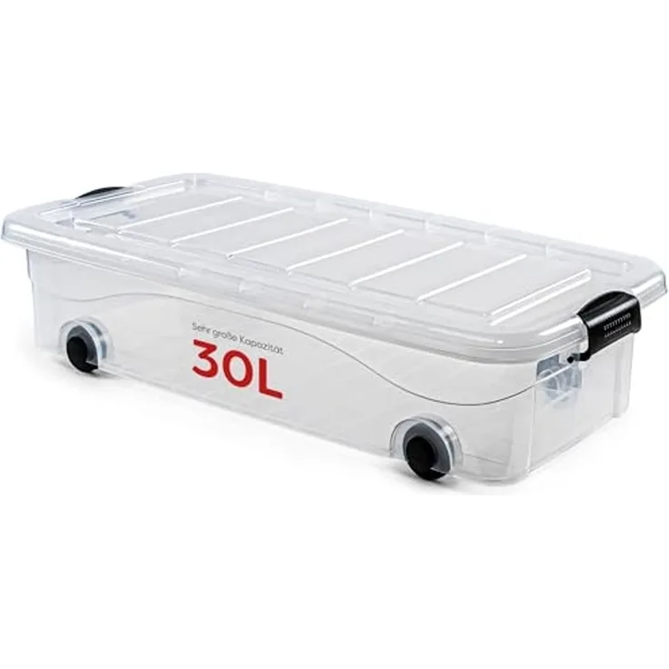 KONZEPT Aufbewahrungsbox Unterbett Plastikbox mit Rollen und Deckel, Platz sparen & Ordnung schaffen,Volumen: 30 Liter
