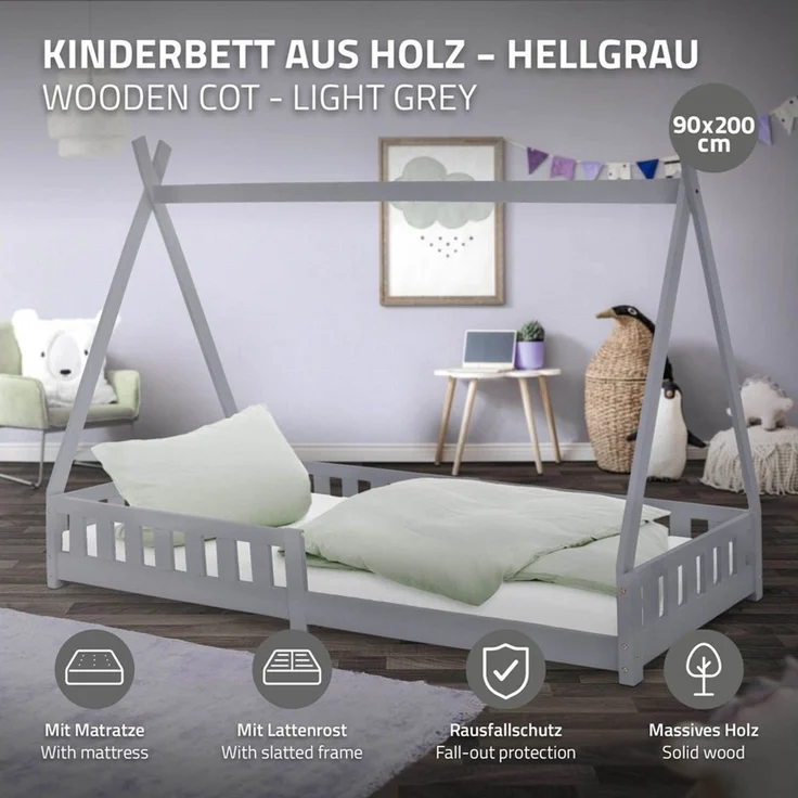 ML-DESIGN Spielbett Hausbett Tipi Zeltbett inkl. Lattenrost Bodenbett Kinder Himmelbett, Abenteuerbett mit Rausfallschutz Zelt Bett Kiefer Grau Kinderhaus – Bild 2