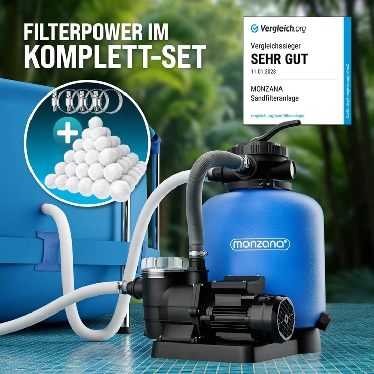 MONZANA® Sandfilteranlage SF110K, 13.200L/h bis 58.000L Pool, inkl Filterballs, 7 Wege Ventil, 2in1 Adapter, Ø32-38mm, 600W Filteranlage Pumpe Filterkessel – Bild 3