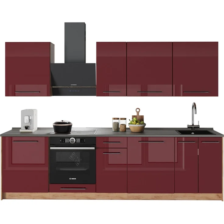 Küchenzeile Fame-Line Bordeaux Hochglanz/Goldkraft Eiche 280 cm, AP Marmor Vicco – Bild 6