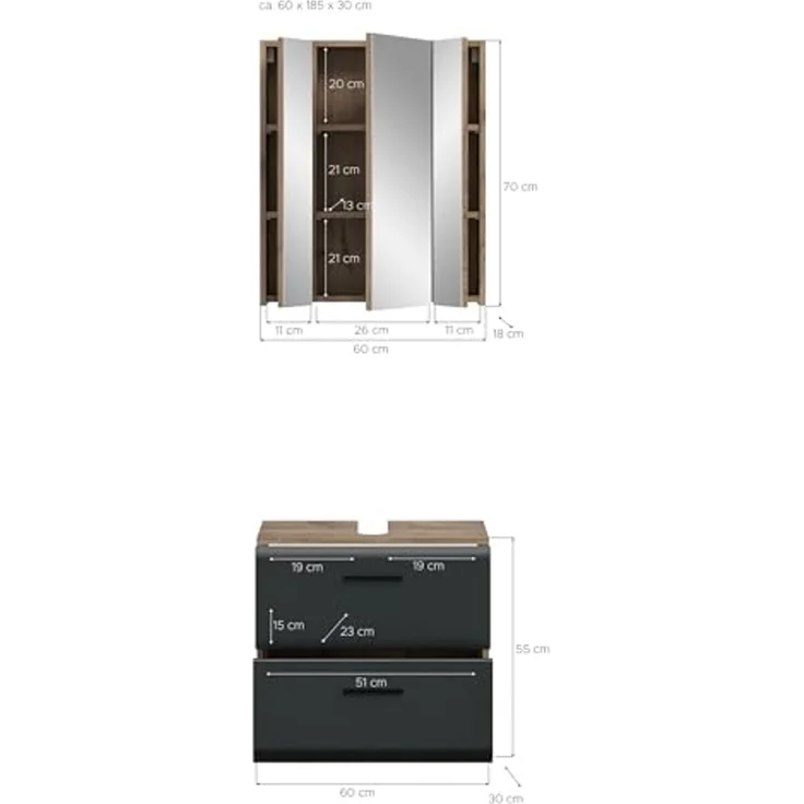 Badezimmer-Set >Ice< in Nox Oak / Schwarz - 60x185x30cm (BxHxT) – Bild 2