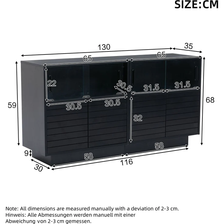 Merax Sideboard mit 2 Kabinett, 4 Fächern, Glastüren, Breite 130 cm, Beistellschrank mit LED-Licht, Wohnraumschrank mit viel Stauraum, Schwarz – Bild 4