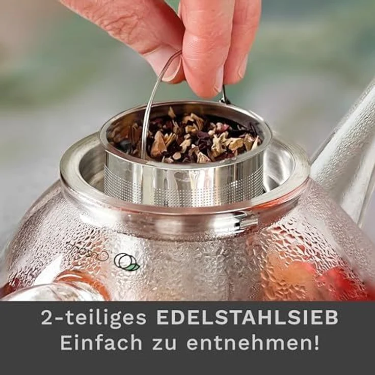 Creano Teekanne Creano Teekanne aus Glas 1,6l, 3-Teilige Glasteekanne mit Integriertem, (1er-Set, 2-St), tropffrei – Bild 5