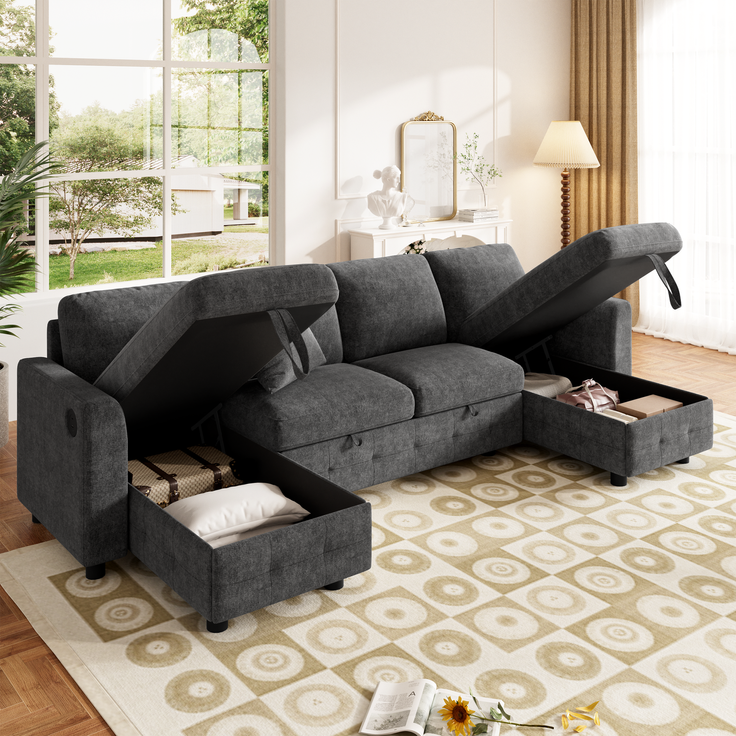 ZUBALIYA Schlafsofa 61x107 cm, mit USB - Anschluss, mit Stauraum, mit Ausziehbett, mit Chenille - Bezug, mit breiten Armlehnen, Grau – Bild 12
