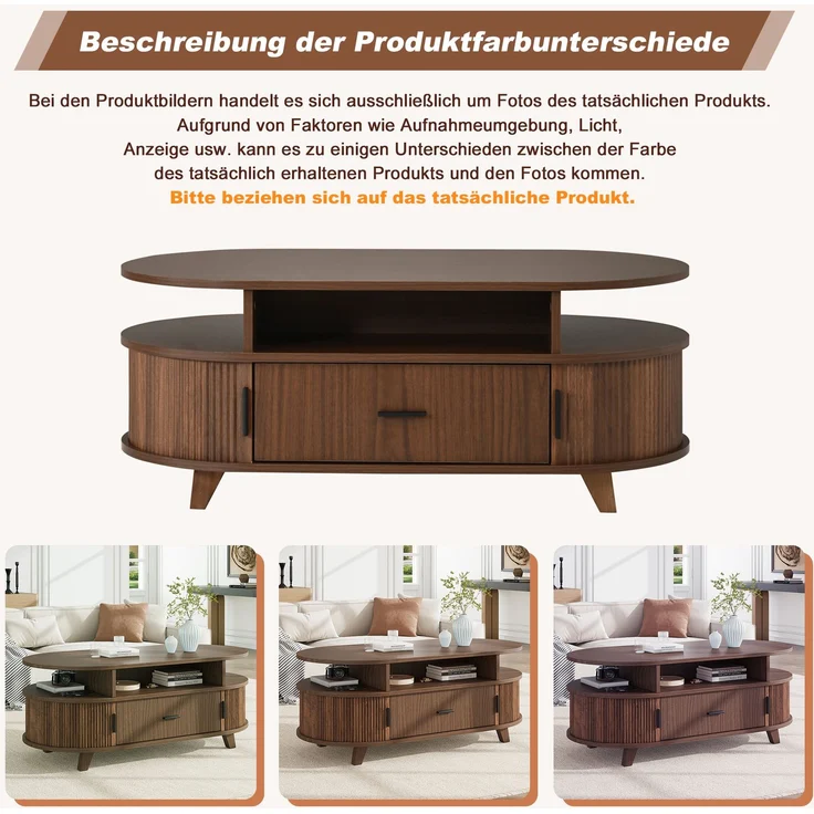 Couchtisch oval, B 100 x T 50 x H 40 cm, Walnussoptik, mit Schublade und Rolltüren – Bild 6