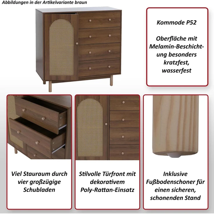 Kommode HWC-P52, Schrank Sideboard Highboard, Schubladen Staufächer, Poly-Rattan MDF Melamin 95x100x40cm ~ weiß – Bild 2