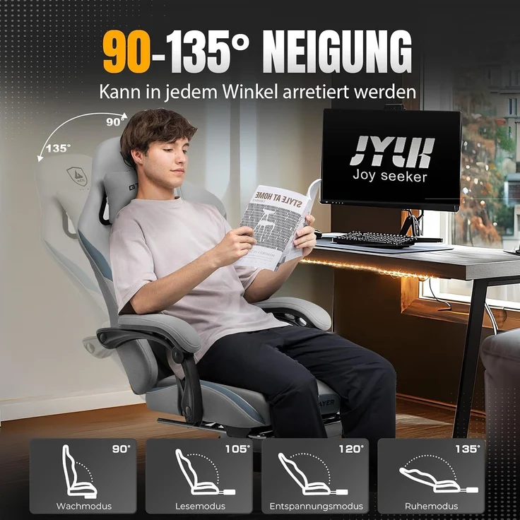 GTPLAYER Gaming-Stuhl Ergonomischer Gaming Sessel Schreibtischstuhl Gamer Stuhl aus Stoff, Federsitzkissen mit Fußstütze, Grau – Bild 6