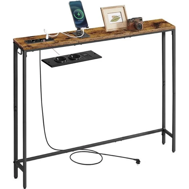 VASAGLE Konsolentisch mit Ladestation, schmaler Sofatisch, Flurtisch, 15 x 100 x 80 cm, mit Haken, einfache Montage, für Flur, Wohnzimmer, vintagebraun-tintenschwarz – Bild 4