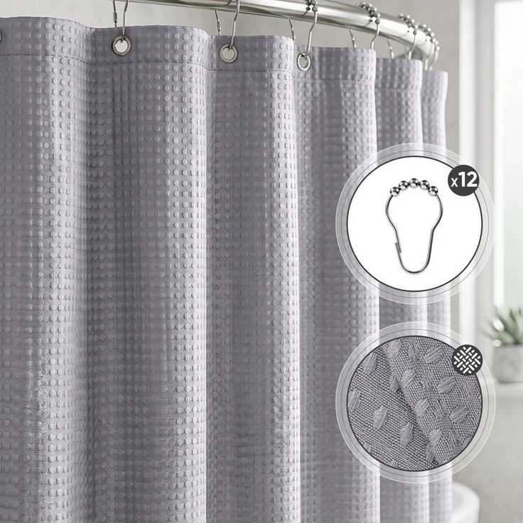 Sekey Duschvorhang Textil Duschvorhang Wannenvorhang Waschbar wasserabweisend mit Ringe Breite 180 cm (Packung, inkl. 12 Ringe), Badewannenvorh, 100% Polyester, Waffelstoff 180x200cm Dunkelgrau – Bild 2