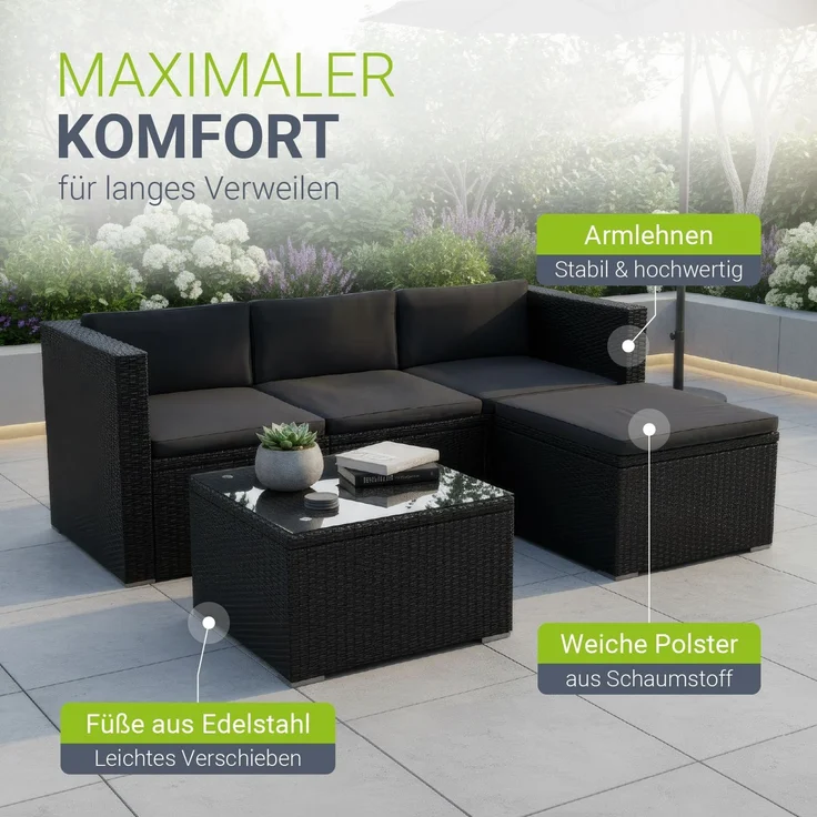 Juskys Polyrattan Lounge Punta Cana M schwarz inkl. Abdeckung – Gartenlounge für 3-4 Personen – Sitzgruppe mit Sofa, Tisch & Hocker - Sitzbezüge Dunkelgrau – Bild 5
