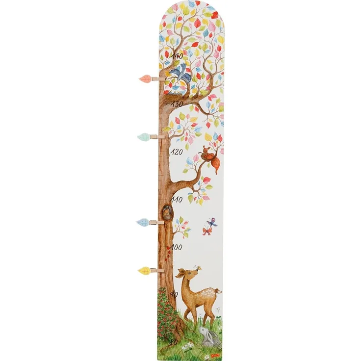 goki 60685 - Messlatte Auf der Lichtung - liebevoll gestaltete Messlatte mit 4 Holzklammern - Skala 0,80-1,45m - Wanddekoration