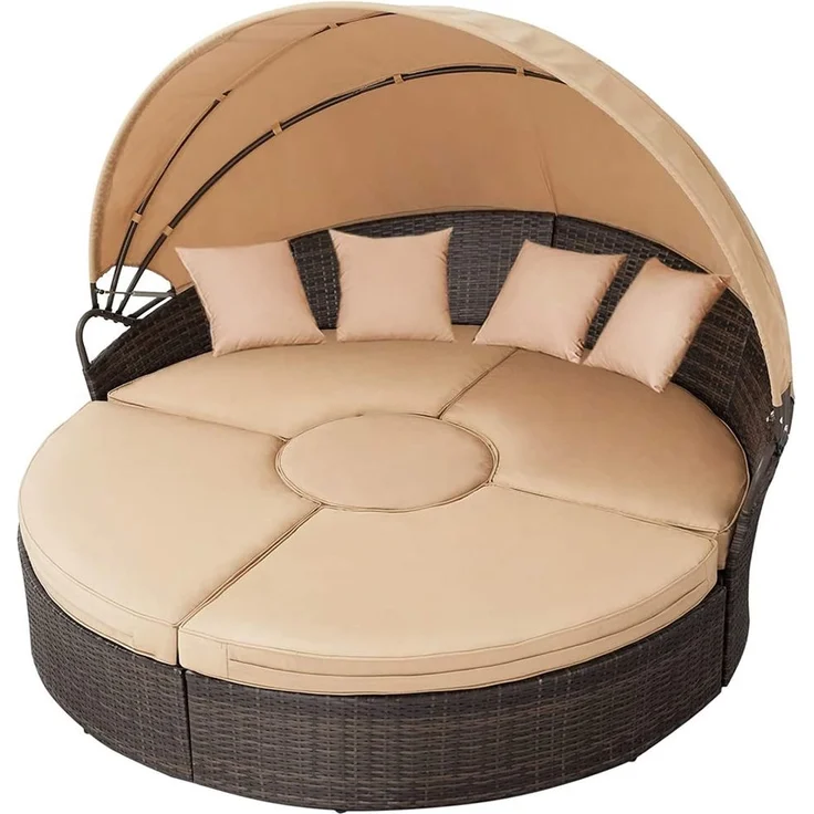 Polyrattan Sonneninsel 180cm Gartenmuschel Sonnenliege Loungebett braun/beige – Bild 4