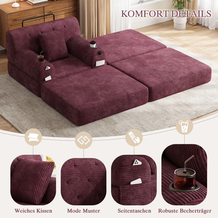ZUBALIYA Schlafsofa 162x81 cm, mit Stauraum, mit Samtbezug, mit Cordbezug, mit Knopfheftung, mit breiten Armlehnen, Rot – Bild 5