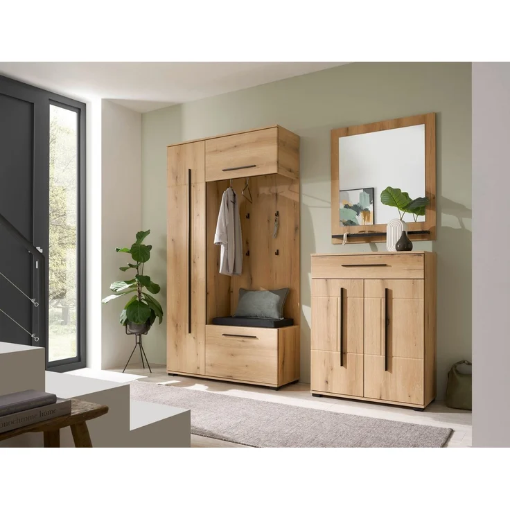 Home affaire Garderoben-Set Cantara, moderne Garderobe, Komplettset mit viel Stauraum, (Komplett-Set, 3-St), enthält Garderobenschrank, Kompaktgarderobe inkl. Sitzkissen & Spiegel – Bild 2