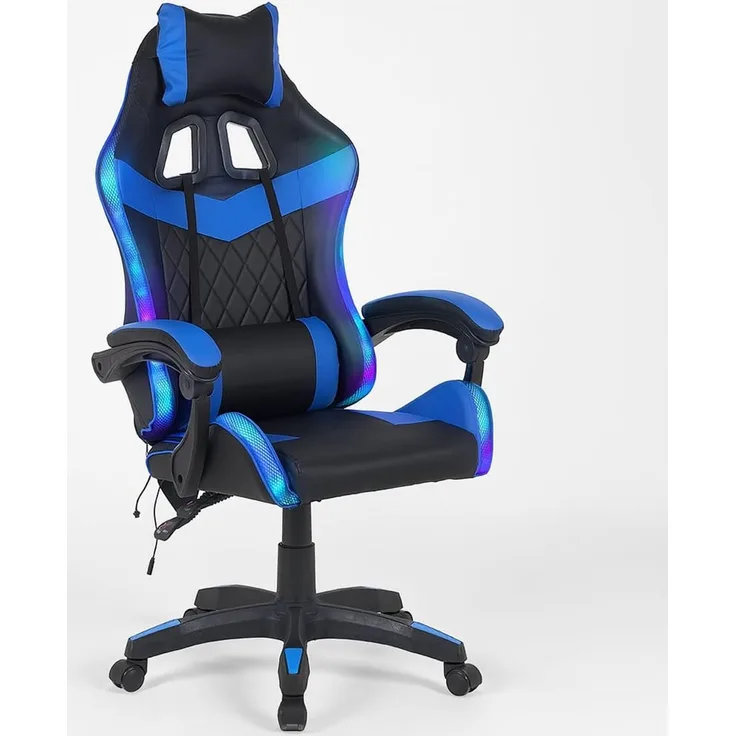 Shally Dogan Gaming-Stuhl mit mehrfarbigen RGB-LED-Streifen, Bezug aus Kunstleder, verstellbare Rückenlehne, Höhe verstellbar von 106 bis 116 cm, Bürostuhl, Kinderzimmer (blau)