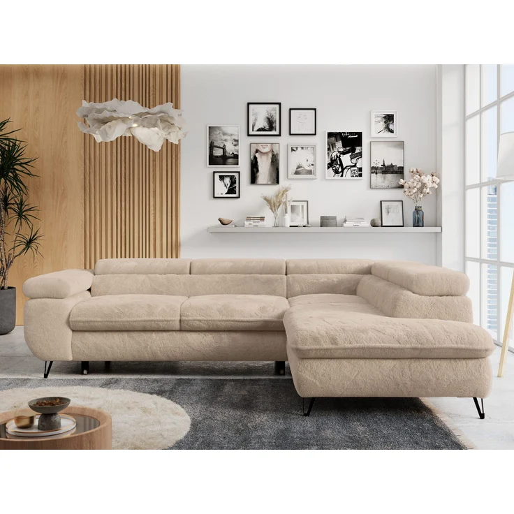 Ecksofa mit Bettfunktion, Modern Sofa, L-form, Einstellbare Kopfstützen, Bettkasten - PETER - Beige Plüsch - Topper T25 - rechts – Bild 4