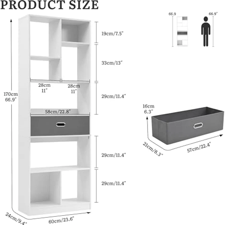 YITAHOME Hohes Bücherregal, freistehendes Regal mit 7 offenen Fächern und 1 Stoffschublade für Wohnzimmer, Schlafzimmer, Büro, Weiß, 60 B × 24 T × 170 H cm – Bild 3