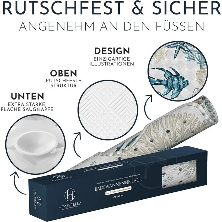 Homerella Badematte rutschfest 100% BPA frei inkl. 2 Haken zum Aufhängen 100x40cm, Antirutschmatte Badewanne hautsensitiv & schimmelresistent – Bild 4