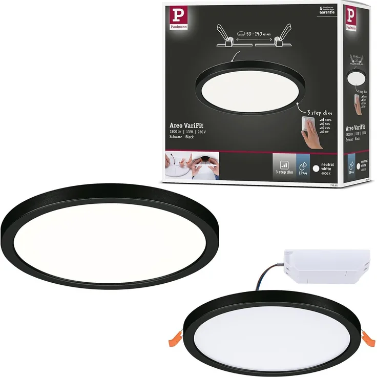 Paulmann 79965 LED Einbaupanel Areo VariFit IP44 rund 175mm Schwarz 4000K 3-Step Dim