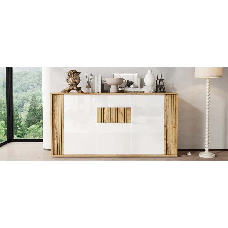 ZUBALIYA Sideboard 140x35x71 cm, mit 3 Türen, aus MDF / Spanplatte, Weiß / Natur – Bild 16
