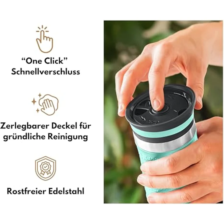 Milu Thermobecher Isolierbecher Kaffeebecher to go - 370ml - 100% Auslaufsicher - Trinkbecher aus Edelstahl - Autobecher doppelwand Isolierung - Thermo Becher - Travel Mug - (Türkis, 370ml) – Bild 4