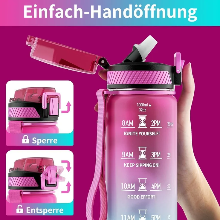 QLUR Trinkflasche 1L BPA-Frei mit Strohhalm und Zeitmarkierung Lila Grün – Bild 3