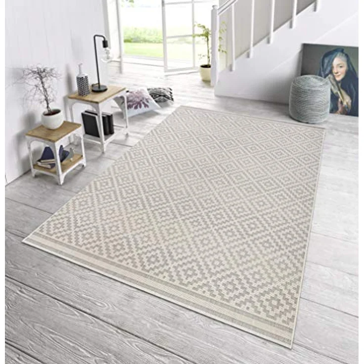 NORTHRUGS In- und Outdoor Teppich Raute 240x340 cm - Wetterfest Modern Geometrisches Raute Muster Design Teppich für Balkon Terrasse Garten Wintergarten Wohnzimmerteppich Wasserfest in Grau Creme – Bild 6