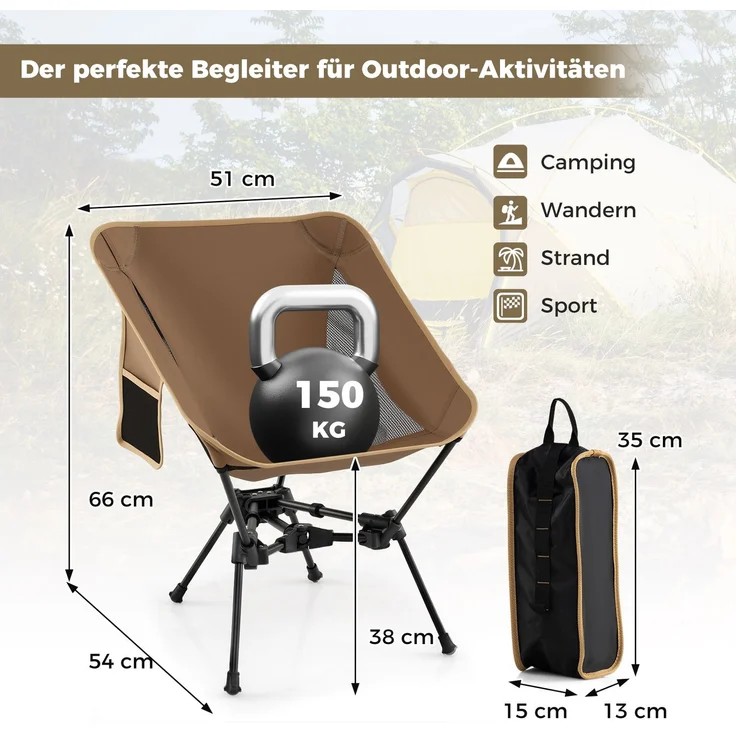Campingstuhl faltbar ultraleichter Klappstuhl mit Seitentasche klappbarer Angelstuhl 150 kg Tragfähigkeit SH390 – Bild 2