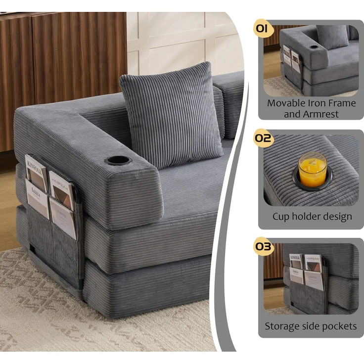 Wohnora-Floor Couch,Compression Sofa,Convertible Floor Sofa Bed-with Pillow Back Support Armrest,Comfy Sleeper Bed With Cupholder&Side Pocket,Corduroy Fabric,for Living Room Bedroom,Dark Grey,H 60cm x T 185cm x B 925cm,Dunkelgrau – Bild 4