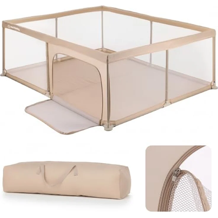 sun baby Laufstall 150x200 cm 0-2 Jahre Beige, Polyester, Netzwände, Eingang mit Reißverschluss, rutschfeste Füße, Tragetasche im Set, Metallrahmen – Bild 8