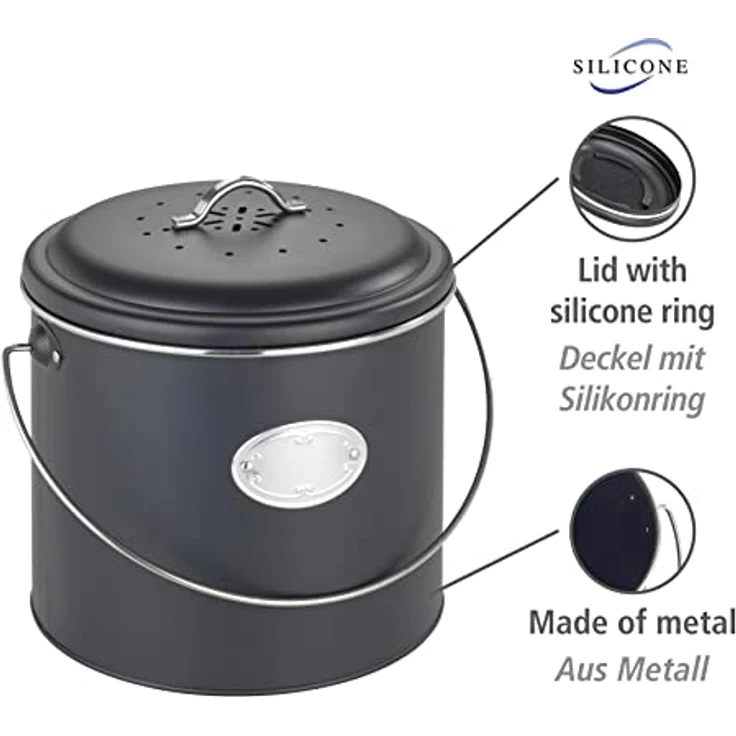 WENKO Komposteimer Mod. Nero 6 L, Metall mit Aktivkohlefiltern zur Geruchsneutralisation, Schwarz, Ø 22,5 cm – Bild 2