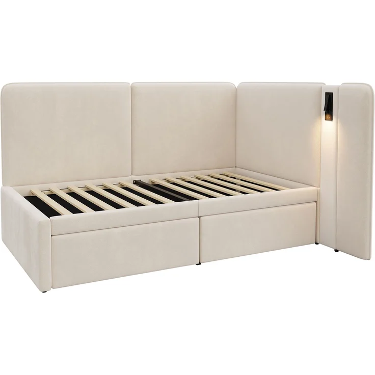 Merax Einzelbett, Kinderbett, Polsterbett, 90x200 cm Daybett, mit 2 Schubladen Aufladen Leselampe, Samt, beige – Bild 8
