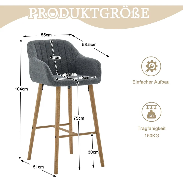 LVHOM Barhocker 2er Set, Barstühle mit Rückenlehnen und Armlehnen, Tresenhocker mit Holzbeinen, Tresenstuhl Stoff, Grau – Bild 5
