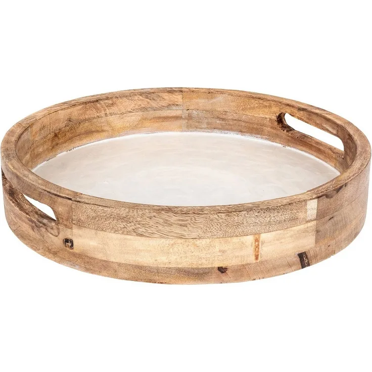 Levandeo® Dekotablett, Tablett 35cm Rund Mango Holz Creme Perlmutt Emaille Ablage