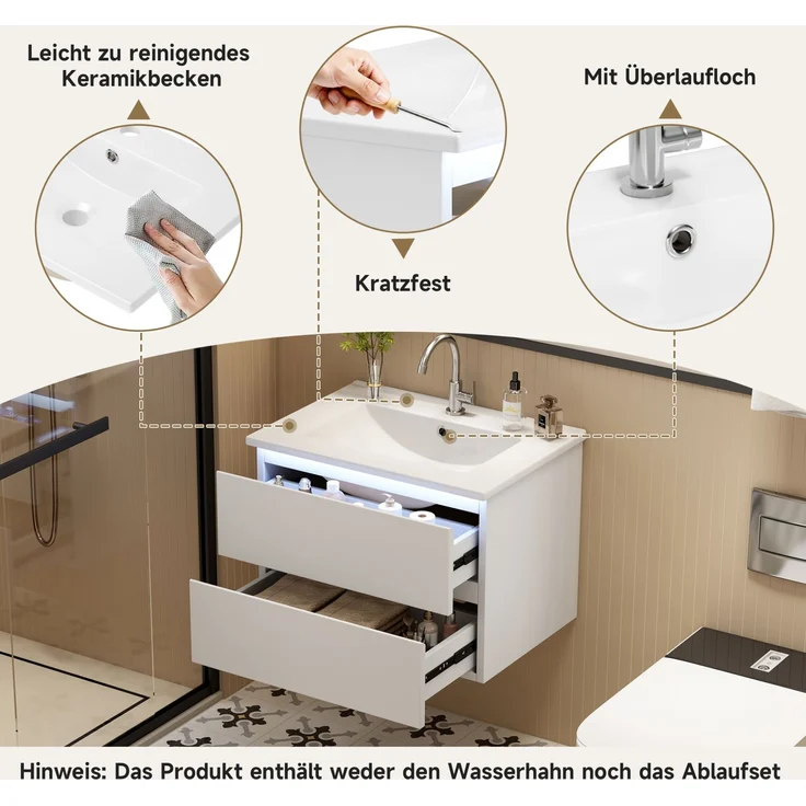 Wandhängender Waschtisch mit Keramikbecken, LED-Sensorlicht & 2 Schubladen, 61x46x45 cm, Weiß – Bild 7