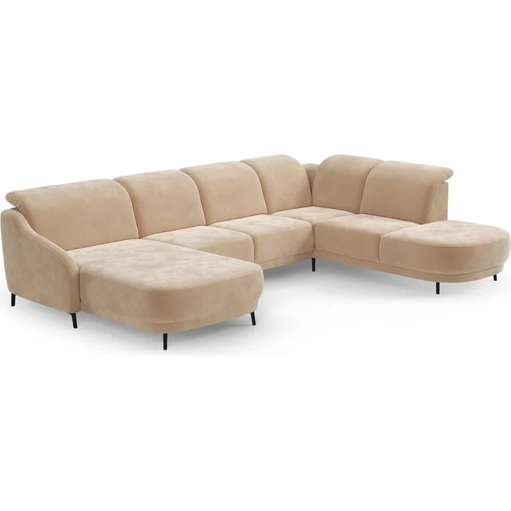 CAVADORE Wohnlandschaft Blue, Sofalandschaft mit Longchair im modernen Design, inkl. kopfteilverstellung, Vorziehsitz motorisch, Klapptisch, mattschwarzen Metallfüßen, Mikrofaser, Hellbraun