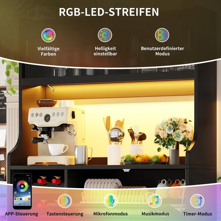Sideboard 120x40x180 cm, Schwarz, mit RGB-LED, Glasschiebetüren, Klapptüren und 3 Schubladen – Bild 8